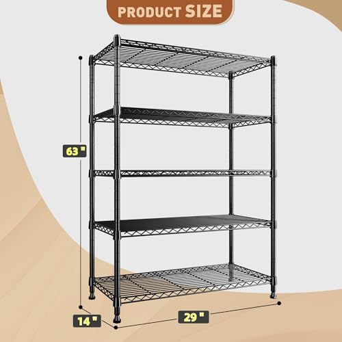 REIBII 63" H 5-Tier Heavy Duty Storage Shelves, 1020 lbs, 2-in-1 Adjustable | Heavy-duty 19mm steel, Split into 2 shelves, Leveling feet.Rustproof, 29"Wx14"D,Tool-free assembly,For garage kitchen laundry - size: 5 Tier-14"D x 29"W x 63"H