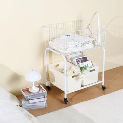 31" tall hennze one layer rolling wire laundry basket,easy moved wire laundry cart for clothes,pants laundry. children toys organization cart,metal cart with metal frame,enlarge the storage (white) - color: white