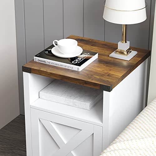 Farmhouse End Table, Nightstand with Barn Door and Shelf,Cream White | End Tables,Wooden Sofa Side Table, Modern Bed Side Table Rustic Nightstands, Bedroom, Living Room - color: White