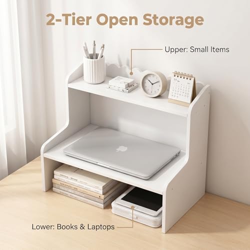 White Desktop Shelf,2-Tier Countertop Organizer with Scalloped Edge,Freestanding Tabletop Storage Rack for Office,Bedroom,Cosmetics,Stationery,Small Items,Space-Saving Display Stand (M)