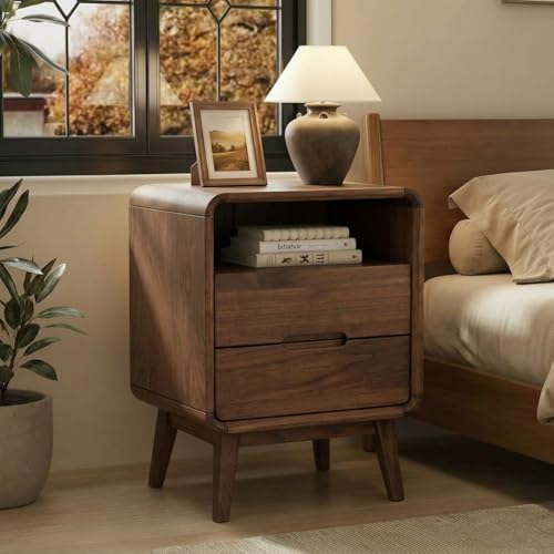 Walnut Nightstand Solid Wood Night Stand, Dark Wood Nightstands with 2 Drawers & Open Shelf, Mid Century Modern Nightstand, Wooden Bedside Table for Bedroom(Dark Black Walnut,23.23" H) - color: Dark Walnut, style: 2 Drawer & Open Storage-1