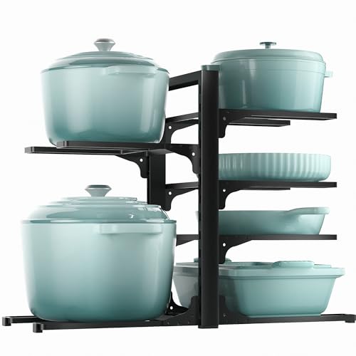 Pots and Pans Organizer Under Cabinet 13.8", 6-Tier Adjustable Rack | 2 DIY Modes, Tool-Free Assembly, Max 90 Lbs, Fits Cast Iron Pans, Dutch Ovens & Heavy Cookware, For Kitchen Cabinets - color: Black, size: 13.78"H