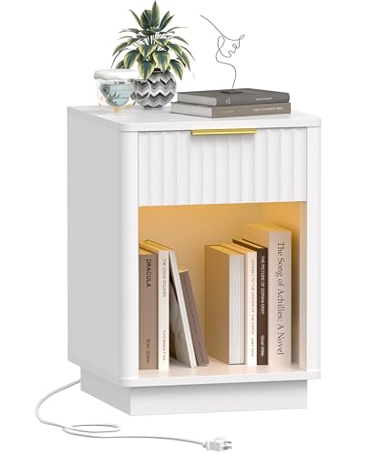 Akxomel Fluted Nightstand, Wooden Night Stand with Charging Station and LED Light, Modern Mid Century End Table with Drawer, 15" D x 15.7" W x 22.6" H, for Bedroom, White - color: White