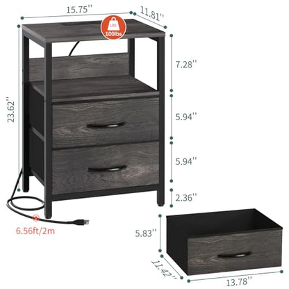 Yoobure Nightstand with Charging Station, LED Night Stand with Fabric Drawers and Storage Shelf for Bedroom, Nightstands Bedside Tables with USB Ports & Outlets, Small Night Stands, Bed Side Table - color: Charcoal Gray