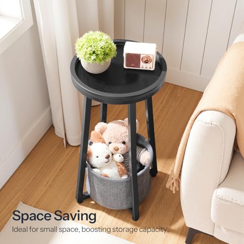 HOOBRO Small Round Side Table, 2-Tier Round Sofa End Table, Compact Nightstand with Fabric Storage Basket, for Small Space, Living Room, Bedroom, Dorm, Black and Gray BB183BZ01 - color: Black