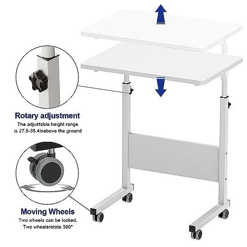 Side Table, 23.6in Adjustable Laptop Stand Portable Cart Tray Bedside Computer Table, Sofa Side Bed Table with Wheels, White - color: White, size: 23.6 inches