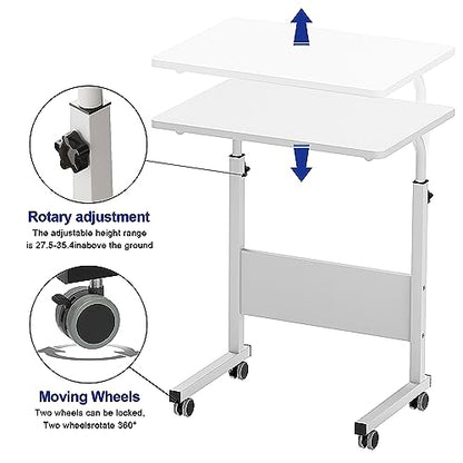 Side Table, 23.6in Adjustable Laptop Stand Portable Cart Tray Bedside Computer Table, Sofa Side Bed Table with Wheels, White - color: White, size: 23.6 inches