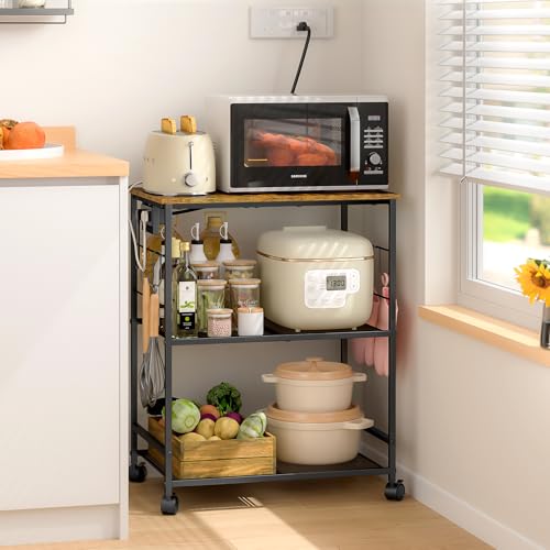 ThreeHio Rolling Kitchen Microwave Cart with Power Outlet, 3 Tier Microwave Table Stand with Storage, Kitchen Utility Cart on Wheels, Small Coffee Cart Shelf Rack Organizer for Living Room Office - color: Brown, size: with power outlet