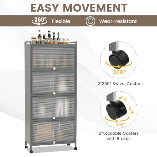 5-Tier Kitchen Storage Cabinet, Mobile Microwave Stand with Metal Frame, 4 Lockable Casters & Flip-up PC Doors, Freestanding Bakers Rack for Kitchen, Dining Room, Living Room (Grey) - color: Grey