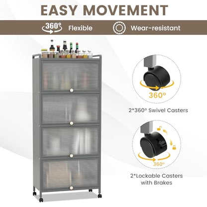 5-Tier Kitchen Storage Cabinet, Mobile Microwave Stand with Metal Frame, 4 Lockable Casters & Flip-up PC Doors, Freestanding Bakers Rack for Kitchen, Dining Room, Living Room (Grey) - color: Grey