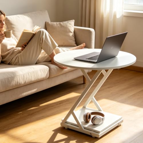 20In Round Side Table, 2-Tier White End Table with Z-Shaped Metal Frame, Small Round Accent Table with Storage Shelf, Modern Sofa Side Table Nightstand for Living Room, Bedroom, Small Spaces - color: White-z
