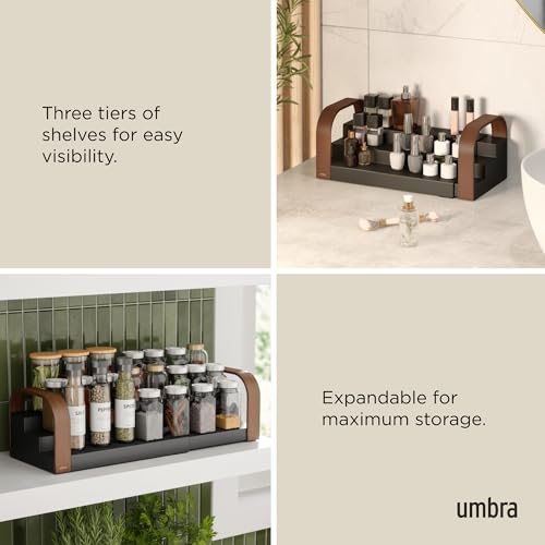 Umbra Bellwood Three-Tier Spice Shelf, Expandable Design Made of Durable Plastic and Wood, Black/Walnut - color: Black/Walnut