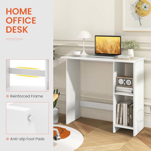 Giantex Small White Desk, Compact Study Writing Desk with 3-Position Adjustable Shelf, Anti-Toppling Kit, Modern PC Laptop Table, Home Office Computer Workstation for Small Space Bedroom Dorm - color: White