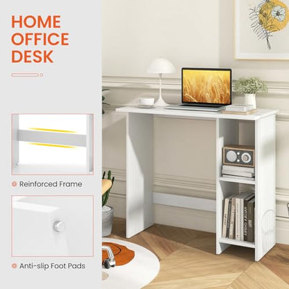 Giantex Small White Desk, Compact Study Writing Desk with 3-Position Adjustable Shelf, Anti-Toppling Kit, Modern PC Laptop Table, Home Office Computer Workstation for Small Space Bedroom Dorm - color: White