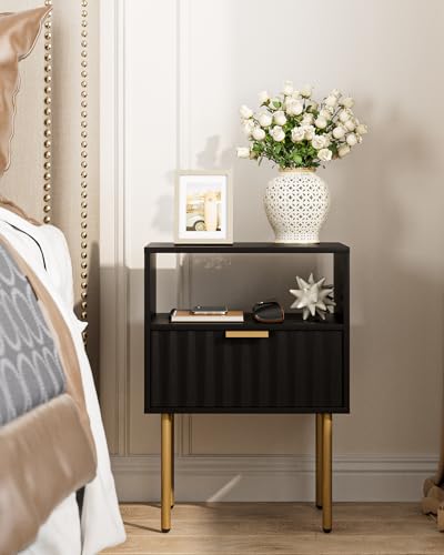 Night Stand,Modern Bedside Table with Drawer and Shelf,Black Night Stand with Gold Frame,Small Side Table for Bedroom,Living Room - color: Black