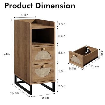 Narrow Nightstand for Small Spaces - 9.3" Slim Side Table with Rattan-Weave Drawers, Skinny Bedside Table with Open Shelf, Rustic Tall Thin Gap Filler for Bedroom & Sofa Side, Caramel Oak - color: Caramel Oak