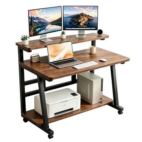39.4 Inch Compact Rolling Computer Desk with Tier Worktable & Lockable Wheels, Small Computer Desk, Small Desk for Bedroom, Mobile Writing Workstation Easy Assembly for Home Office Small Spaces - color: Frame：black/Board：rustic Brown, size: 39.4“*19.7''