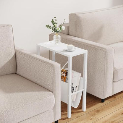 Narrow Side Table with Charging Station, Skinny Nightstand with USB Ports & Outlet, Slim Sofa Side Table with Storage Bag, Small End Table for Small Spaces, Living Room, Bedroom, White - color: White