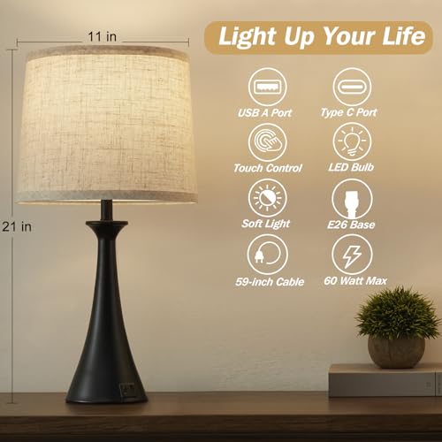 Touch Lamp for Living Room Bedroom, 21" Table Lamps Set of 2 with USB C+A Ports, Touch Bedside Lamps for Nightstand with 3 Way Dimmable, 2 LED Bulbs Included, Black - color: Black 2pcs