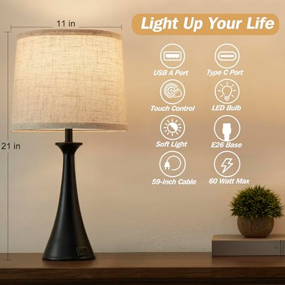 Touch Lamp for Living Room Bedroom, 21" Table Lamps Set of 2 with USB C+A Ports, Touch Bedside Lamps for Nightstand with 3 Way Dimmable, 2 LED Bulbs Included, Black - color: Black 2pcs