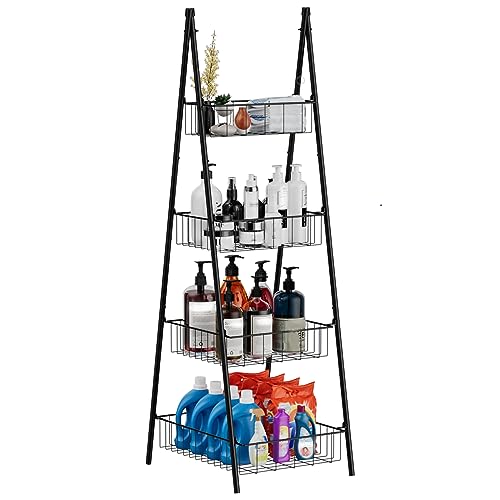 Wire Basket Stand for Kitchen and Bathroom 4 Tier Fruit Storage Basket Metal Floor Standing Vegetable Holder, Black