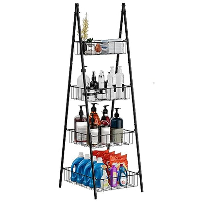 Wire Basket Stand for Kitchen and Bathroom 4 Tier Fruit Storage Basket Metal Floor Standing Vegetable Holder, Black