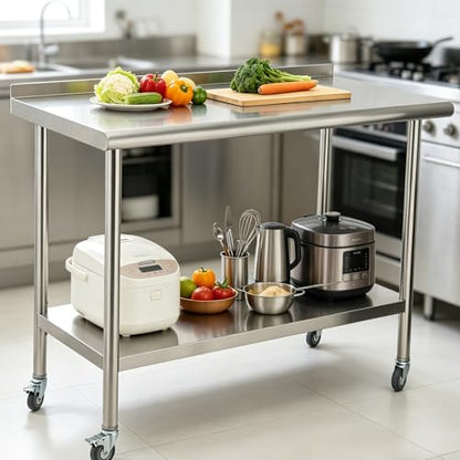 Garvee Stainless Steel Curved Edge Work Table 48 inch Double Layer with Backsplash & Casters, Heavy Duty Commercial Prep Table with Hook, 0.7mm Thick - size: 48*24*35 inch - with back panel + casters