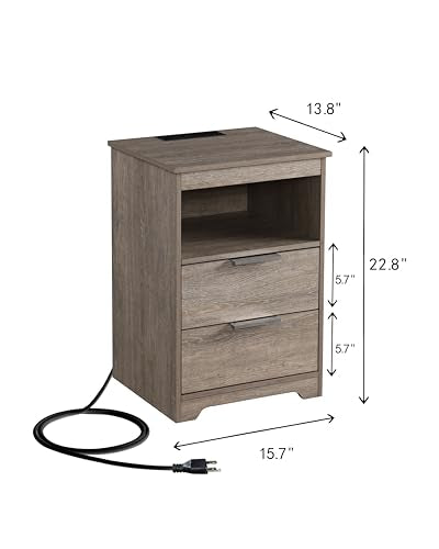 Nightstand with Charging Station,Nightstand with 2 Drawers,Wooden End Table with Drawer and Opening Shelf,Side Table for Bedroom, Rustic Grey - color: Rustic Grey, style: 2 Drawers