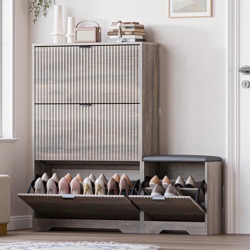 BORNOON Slim Shoe Cabinet with Bench for Entryway, Hidden Storage and Adjustable Shelves, Free Standing Wooden Shoes Organizer for Hallway, Foyer - color: Wood, size: 3-Drawer with Bench