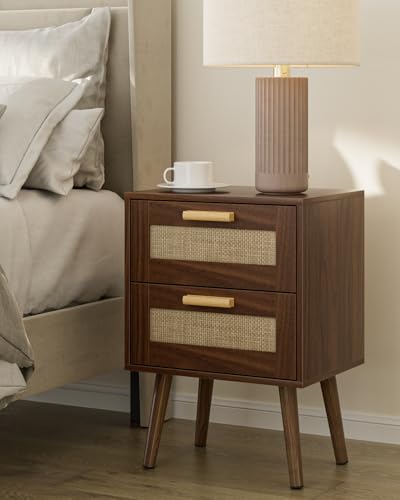 Masupu Rattan Night Stand, Modern nightstand Boho Bedside Table with 2 Drawer, Small End Side Table for Bedroom, Living Room, Office, Walnut - color: Walnut