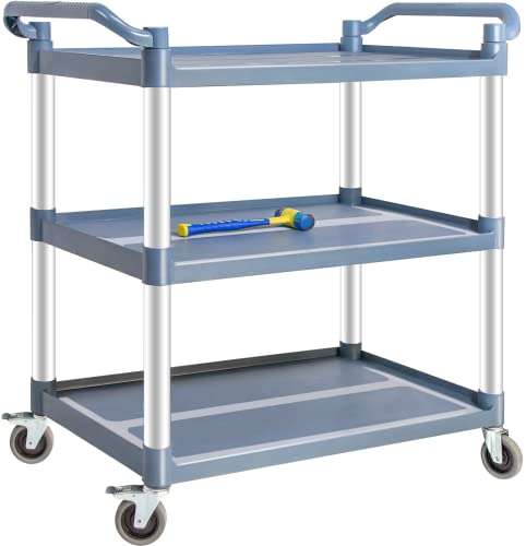 Plastic Utility Carts with Wheels, 3-Tier Medium Size Restaurant Food Cart, Heavy Duty 510lbs Capacity Rolling Service Cart w/Hammer for Commercial, Kitchen, Office (Lockable Wheels, M-Grey)