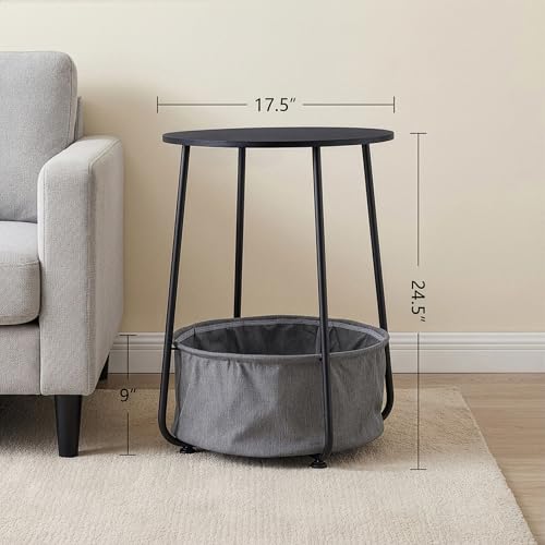 Modern Round Side End Table with Fabric Storage Basket, Matte White and Camel Brown, Contemporary Nightstand (Black) - color: Black