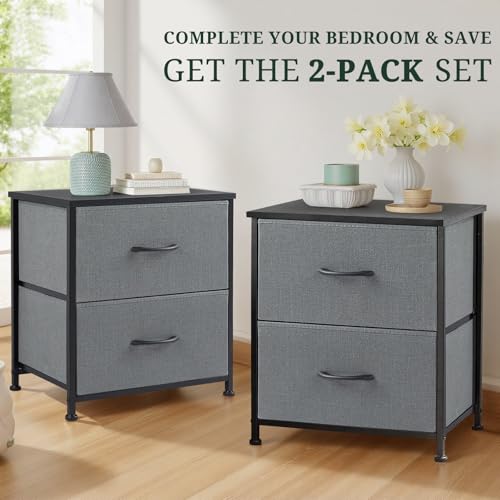 Nightstand Set of 2 Small 2 Drawer Dresser End Table Bedside Furniture | Wooden Top Fabric Bins for Bedroom, Closet, Entryway, Dorm, 11.8" D x 18" W x 20", Gray - color: Grey