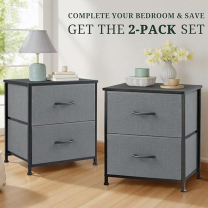 Nightstand Set of 2 Small 2 Drawer Dresser End Table Bedside Furniture | Wooden Top Fabric Bins for Bedroom, Closet, Entryway, Dorm, 11.8" D x 18" W x 20", Gray - color: Grey