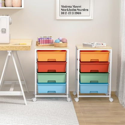 SYKIARIOL Rolling Cart with Drawers, 4-Drawer Utility Cart, Macaron | Storage Cart with 4 Drawers and Wooden Tabletop & Lockable Wheels for Home Office, Bedroom, Kids Room, Classroom,4 Tiers - color: Macaron