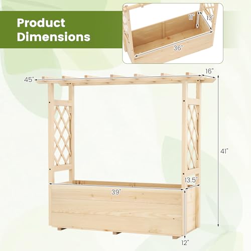 Giantex Raised Garden Bed with Sided Trellis & Hanging Roof, Wood Planter Box, Freestanding Garden Planter Raised Bed for Flowers Herbs Climbing Vines 45”x16”x41” (L x W x H) - color: Natural, size: 45”x16”x41”