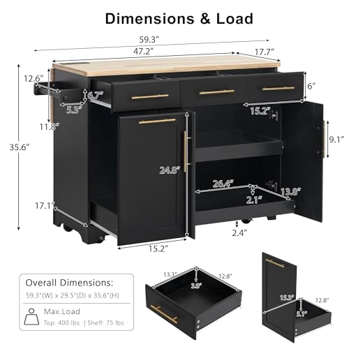 60" Kitchen Island with Trash Can Storage Cabinet and Power Outlet | Rolling Kitchen Cart on Wheels with Rubber Wood Drop Leaf Top, Spice Rack, Towel Rack and Adjustable Shelf, Black - color: Black