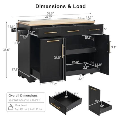 60" Kitchen Island with Trash Can Storage Cabinet and Power Outlet | Rolling Kitchen Cart on Wheels with Rubber Wood Drop Leaf Top, Spice Rack, Towel Rack and Adjustable Shelf, Black - color: Black