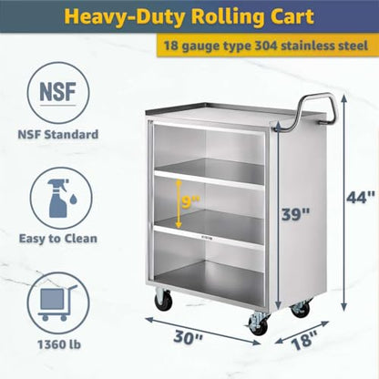 18" x 30" Commercial NSF Stainless Steel Utility Cart with Enclosed Base and Open Front - 4 Shelves, Heavy Duty Mobile Service Cart, Rolling Cart for Kitchen, Catering, Restaurant Storage - size: 4 Shelf