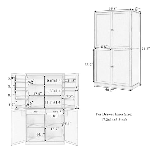 Linique 71.3" Kitchen Pantry with 2 Drawers, 2 Adjustable Shelves, 8 Door Racks, Large Wooden Cupboard, Freestanding Tall Cabinet for Kitchen Dining Room Grey