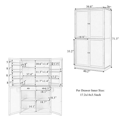 Linique 71.3" Kitchen Pantry with 2 Drawers, 2 Adjustable Shelves, 8 Door Racks, Large Wooden Cupboard, Freestanding Tall Cabinet for Kitchen Dining Room Grey
