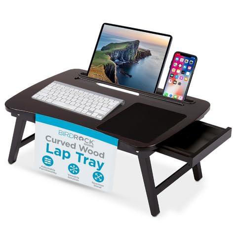 BIRDROCK HOME Curved Wood Lap Tray with Foldout Legs, Storage Drawer, Mouse Pad, Fits Laptops Up to 17", Tablet and Phone Slot, Laptop Table for Sitting or Standing, Work from Home - Walnut - color: Walnut