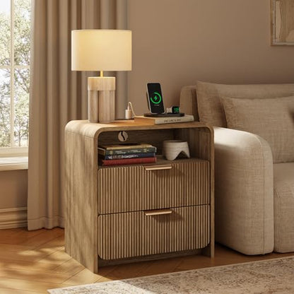 24" Fluted Nightstand with Charging Station, Bedside Table with Metal Handle, NightStand with 2 Drawer and Shelf, End Table for Bedroom, Curved Profile, Light Walnut - color: Light Walnut-2 Drawers, size: 2 Drawers