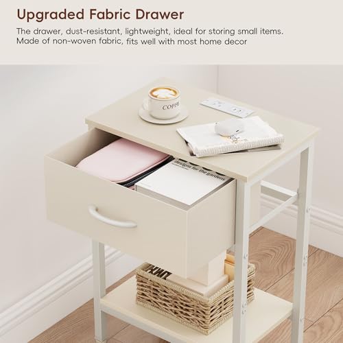 Vagusicc Nightstand with Charging Station, End Table with Fabric Drawer, Small Side Table with 2-Tier Storage Shelves, 25.4" Tall Night Stand, Bedside Table for Bedroom, Living Room, Dorm, Beige - color: Beige (1 Pack)