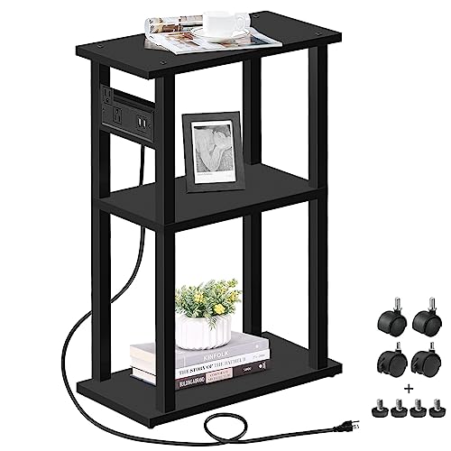 TUTOTAK Small Narrow Side Table with Charging Station, Skinny End Table | for Small Spaces, Slim Nightstand with USB Ports and Outlet, Sofa Beside Table with Wheels, Black TB01BK046 - color: Black, size: 1 PC, style: With Plug