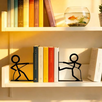 Metal Bookends People Book-end, Decorative Cute Book Ends for Shelves in Home Office Desk, Bookshelf Decor & Gift, Stable Storage (Tug War Black)