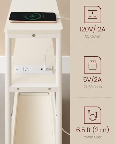 VASAGLE Side Table with Charging Station, Narrow End Table, 3-Tier Nightstand, Sofa Table for Small Spaces, Magazine Rack, for Living Room, Bedroom, Study, Cream White ULET335W01 - color: Cream White