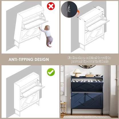 Nicetree Shoe Storage Cabinet, Shoe Cabinet with 2 Flip Drawers, Narrow Shoe Rack Cabinet, Farmhouse Slim Shoe Cabinet Storage for Entryway,Blue - color: Navy Blue