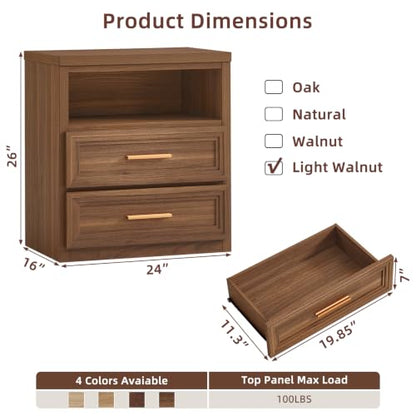 RWYHG 24'' Wide Farmhouse Night Stand with 2 Drawers,Wood Nightstand | Modern End Table Open Storage Shelf, Metal Handle, Mid-Century Bed Side Table for Bedroom, Living Room, Light Walnut - color: Light Walnut