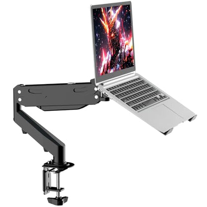 Pholiten 2 in 1 Laptop Desk Mount with Gas Spring Arm, Monitor Laptop Stand for 12-17 Inch Notebook and 13-32 Inch Computer Screen, Holds 22lbs, Full Motion with Vented Tray